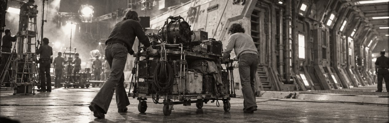 Black-and-white 1970s-style scene: grips push a rickety equipment trolley past a sci-fi set