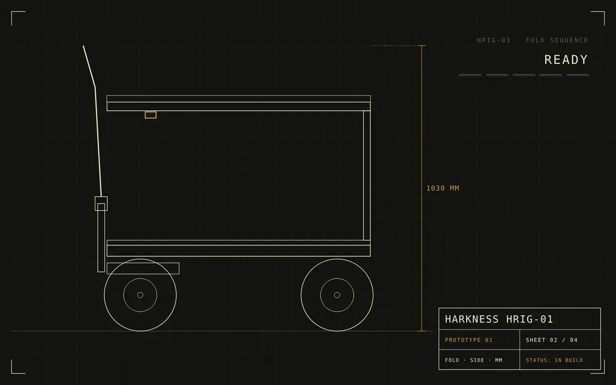 H-RIG.01 prototype drawing folding from open to packed